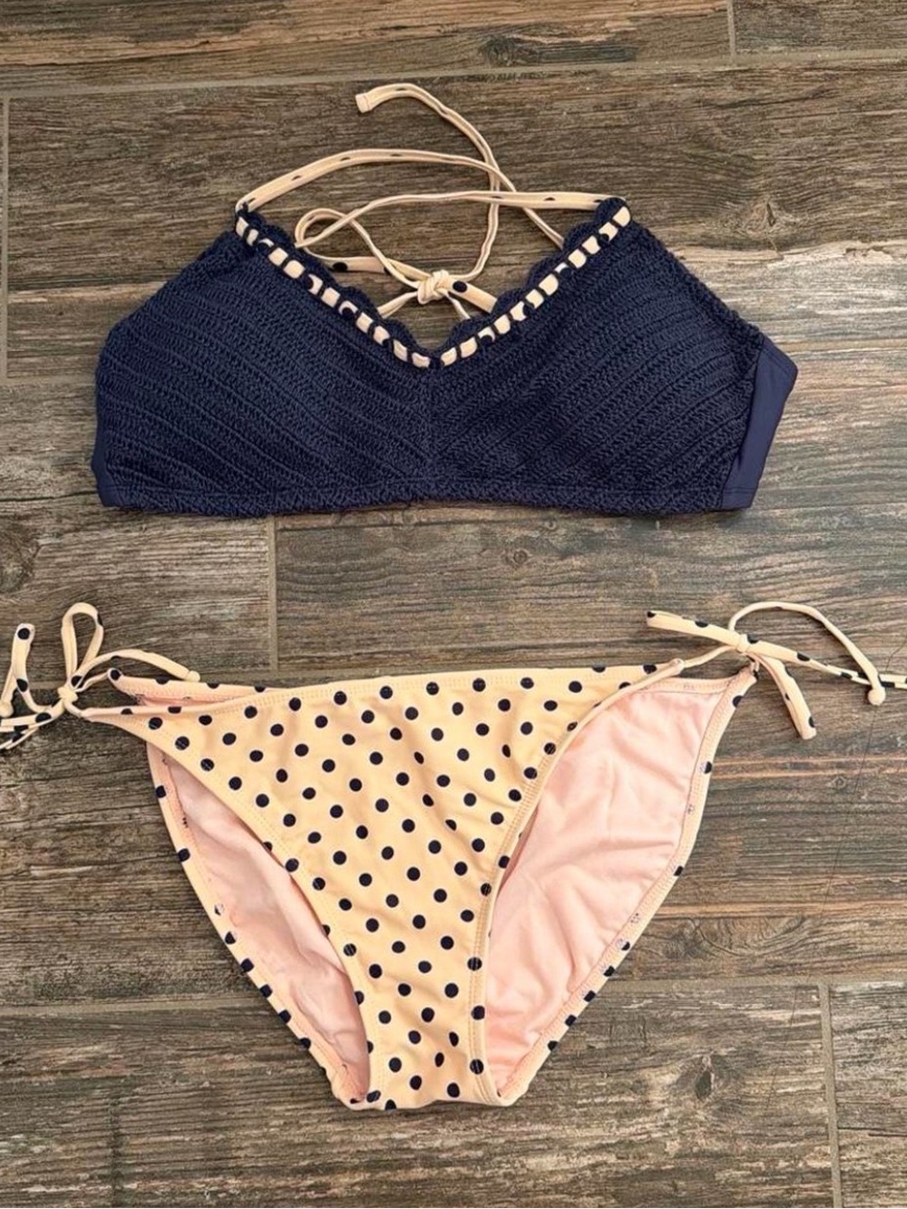 Xhilaration Navy Crochet Bikini Top with Cream Polka Dot Bottoms